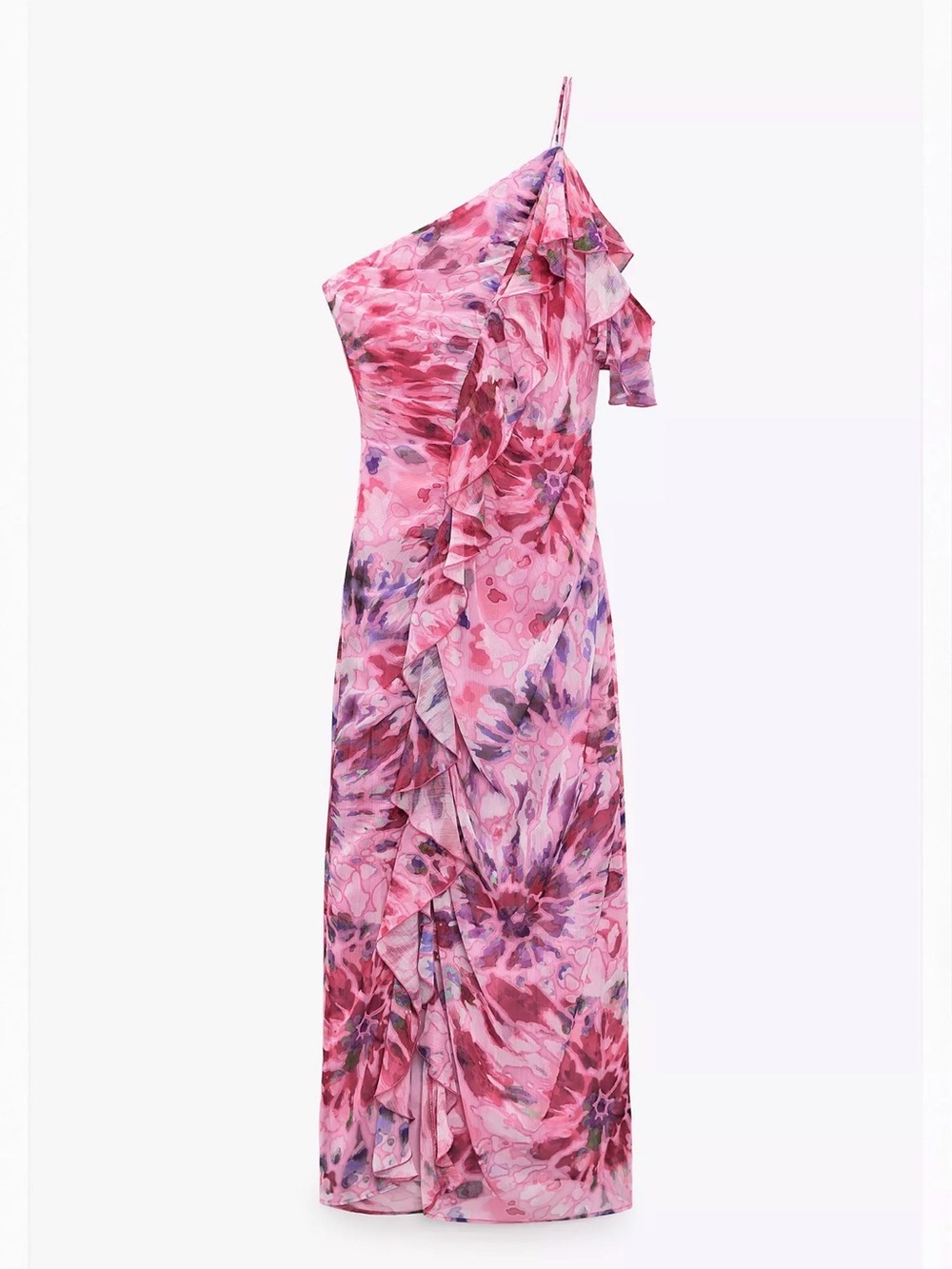 One-Shoulder Pink Floral Ruffle Maxi Dress